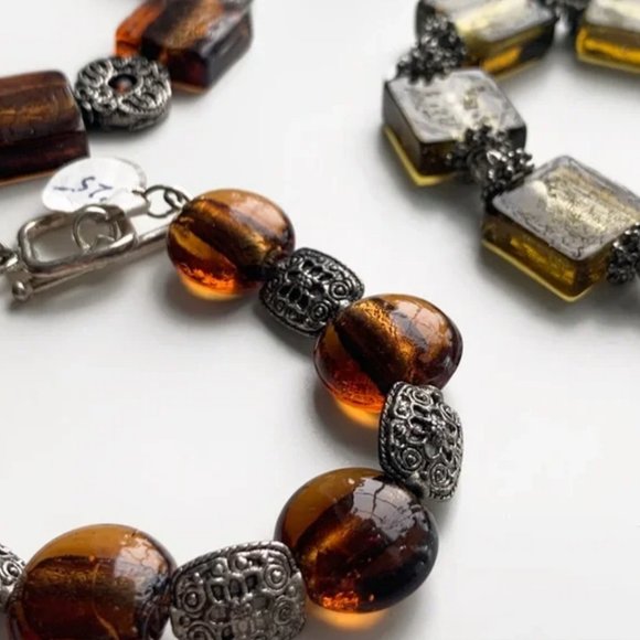 Orange & Gold Handmade Glass & Metal Bracelet Trio with Silver Accents - Picture 6 of 16